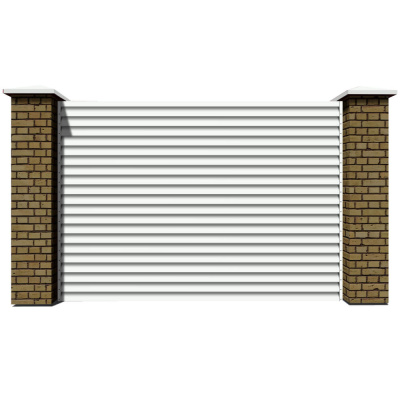 Секция забора жалюзи из ламелей еврожалюзи RAL9003 Белый с кирпичными столбами анфас