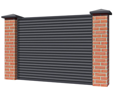 Секция забора жалюзи из ламелей Жалюзи ЭКО-Z RAL7024 Серый Графит полиэфир. эмаль в цвет ПМ с кирпичными столбами